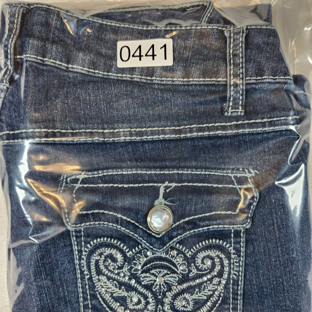 One 5one Bootcut Jeans Women 8 Dark Wash Blue Excellent Embroidered Rhinestone - Picture 15 of 15